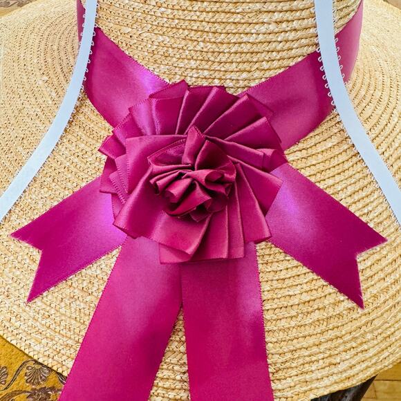 Wide Brim Floppy Summer Straw Hat with Pink Bow UPF50 Sunhat Boho Beachhat NEW main image 6